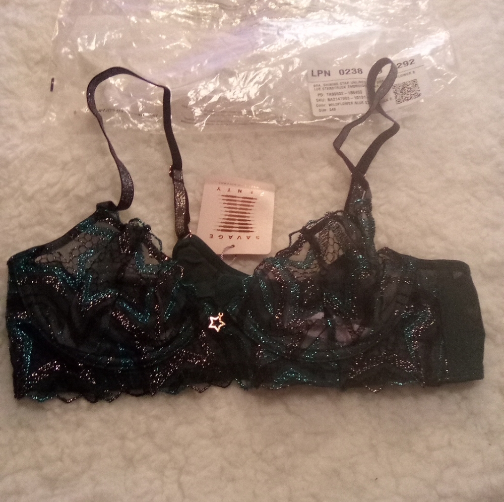 Savage X Fenty Shining Star Unlined Demi Bra Wildflower Blue Starstruck 34B NEW
